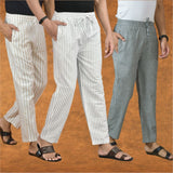 COMBO OF 3 MEN STRIPE COTTON HANDLOOM PANT WHITE GRAY AND BEIGE