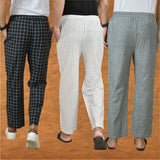 COMBO OF 3 MEN STRIPE COTTON HANDLOOM PANT WHITE GRAY AND BLACK-