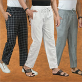 COMBO OF 3 MEN STRIPE COTTON HANDLOOM PANT WHITE GRAY AND BLACK-