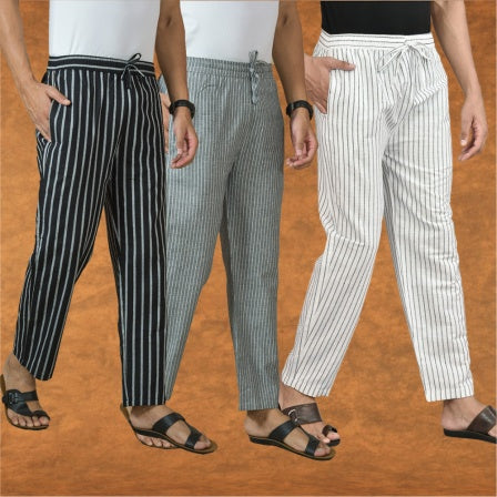 COMBO OF 3 MEN STRIPE COTTON HANDLOOM PANT WHITE GRAY AND BLACK