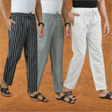 COMBO OF 3 MEN STRIPE COTTON HANDLOOM PANT WHITE GRAY AND BLACK