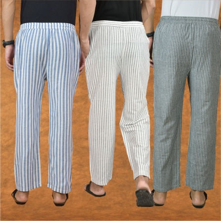 COMBO OF 3 MEN STRIPE COTTON HANDLOOM PANT WHITE GRAY AND BLUE