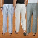 COMBO OF 3 MEN STRIPE COTTON HANDLOOM PANT WHITE GRAY AND BLUE