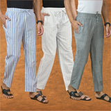 COMBO OF 3 MEN STRIPE COTTON HANDLOOM PANT WHITE GRAY AND BLUE