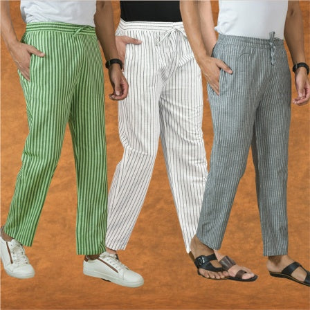 COMBO OF 3 MEN STRIPE COTTON HANDLOOM PANT WHITE GRAY AND OLIVE GREEN