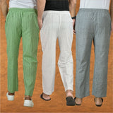 COMBO OF 3 MEN STRIPE COTTON HANDLOOM PANT WHITE GRAY AND OLIVE GREEN