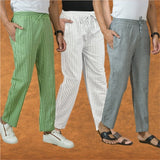 COMBO OF 3 MEN STRIPE COTTON HANDLOOM PANT WHITE GRAY AND OLIVE GREEN