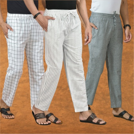 COMBO OF 3 MEN STRIPE COTTON HANDLOOM PANT WHITE GRAY AND WHITE