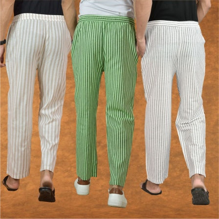 COMBO OF 3 MEN STRIPE COTTON HANDLOOM PANT WHITE OLIVE GREEN AND BEIGE