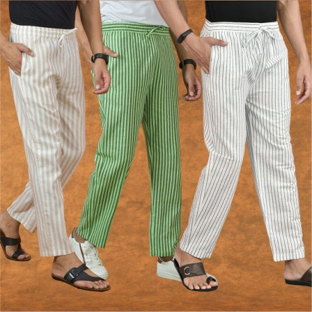COMBO OF 3 MEN STRIPE COTTON HANDLOOM PANT WHITE OLIVE GREEN AND BEIGE