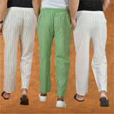 COMBO OF 3 MEN STRIPE COTTON HANDLOOM PANT WHITE OLIVE GREEN AND BEIGE
