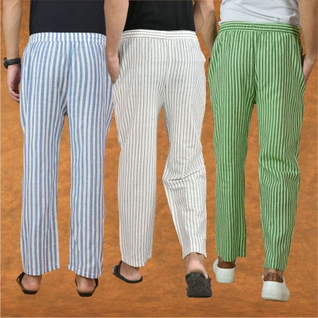 COMBO OF 3 MEN STRIPE COTTON HANDLOOM PANT WHITE OLIVE GREEN AND BLUE