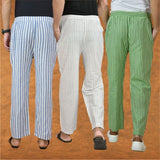 COMBO OF 3 MEN STRIPE COTTON HANDLOOM PANT WHITE OLIVE GREEN AND BLUE
