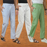 COMBO OF 3 MEN STRIPE COTTON HANDLOOM PANT WHITE OLIVE GREEN AND BLUE