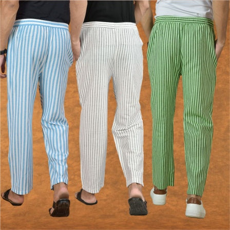 COMBO OF 3 MEN STRIPE COTTON HANDLOOM PANT WHITE OLIVE GREEN AND SKY BLUE