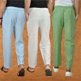 COMBO OF 3 MEN STRIPE COTTON HANDLOOM PANT WHITE OLIVE GREEN AND SKY BLUE