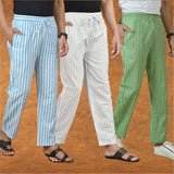 COMBO OF 3 MEN STRIPE COTTON HANDLOOM PANT WHITE OLIVE GREEN AND SKY BLUE