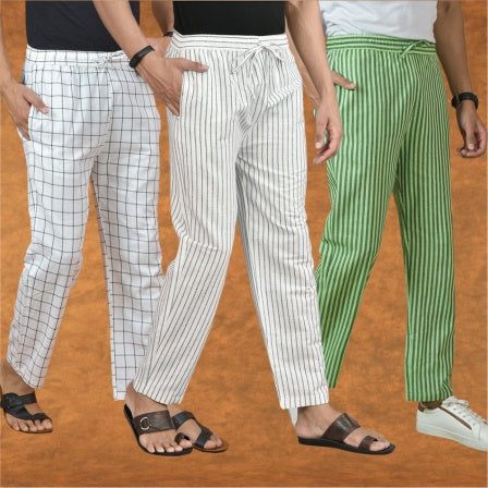 COMBO OF 3 MEN STRIPE COTTON HANDLOOM PANT WHITE OLIVE GREEN AND WHITE