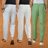 COMBO OF 3 MEN STRIPE COTTON HANDLOOM PANT WHITE OLIVE GREEN AND WHITE
