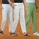 COMBO OF 3 MEN STRIPE COTTON HANDLOOM PANT WHITE OLIVE GREEN AND WHITE