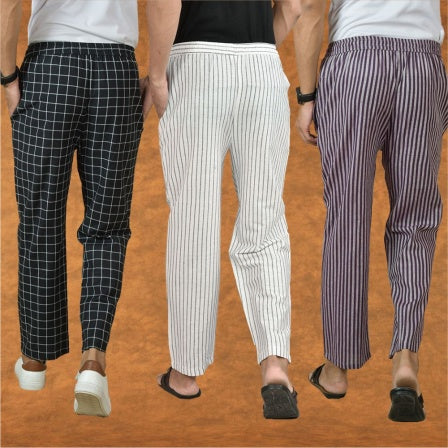 COMBO OF 3 MEN STRIPE COTTON HANDLOOM PANT WHITE PURPLE AND BLACK