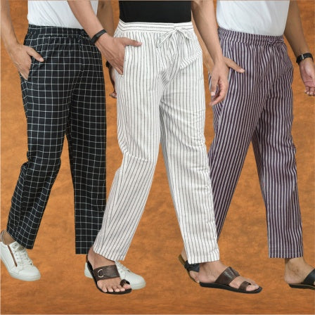 COMBO OF 3 MEN STRIPE COTTON HANDLOOM PANT WHITE PURPLE AND BLACK