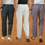 COMBO OF 3 MEN STRIPE COTTON HANDLOOM PANT WHITE PURPLE AND BLACK