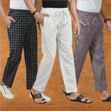 COMBO OF 3 MEN STRIPE COTTON HANDLOOM PANT WHITE PURPLE AND BLACK