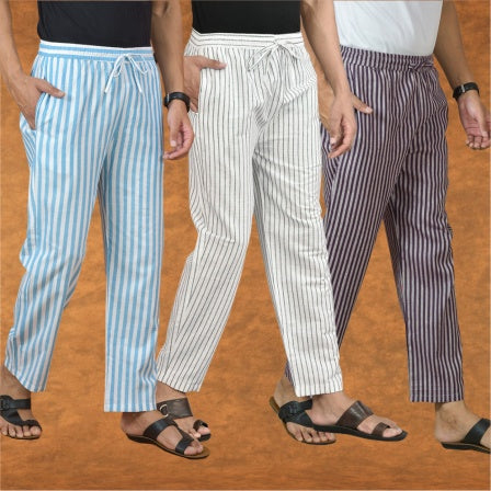 COMBO OF 3 MEN STRIPE COTTON HANDLOOM PANT WHITE PURPLE AND SKY BLUE