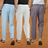 COMBO OF 3 MEN STRIPE COTTON HANDLOOM PANT WHITE PURPLE AND SKY BLUE