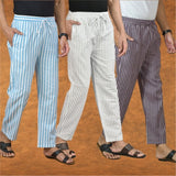 COMBO OF 3 MEN STRIPE COTTON HANDLOOM PANT WHITE PURPLE AND SKY BLUE