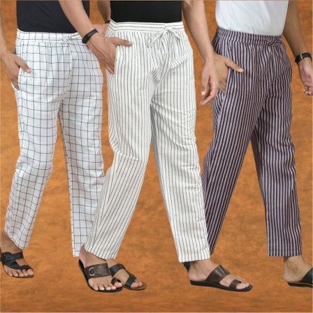 COMBO OF 3 MEN STRIPE COTTON HANDLOOM PANT WHITE PURPLE AND WHITE