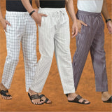 COMBO OF 3 MEN STRIPE COTTON HANDLOOM PANT WHITE PURPLE AND WHITE