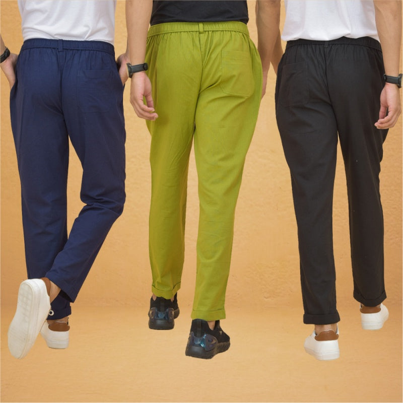 Combo of 3 Olive Green Black and Navy Blue Cotton Regular Trouser Pants-42435