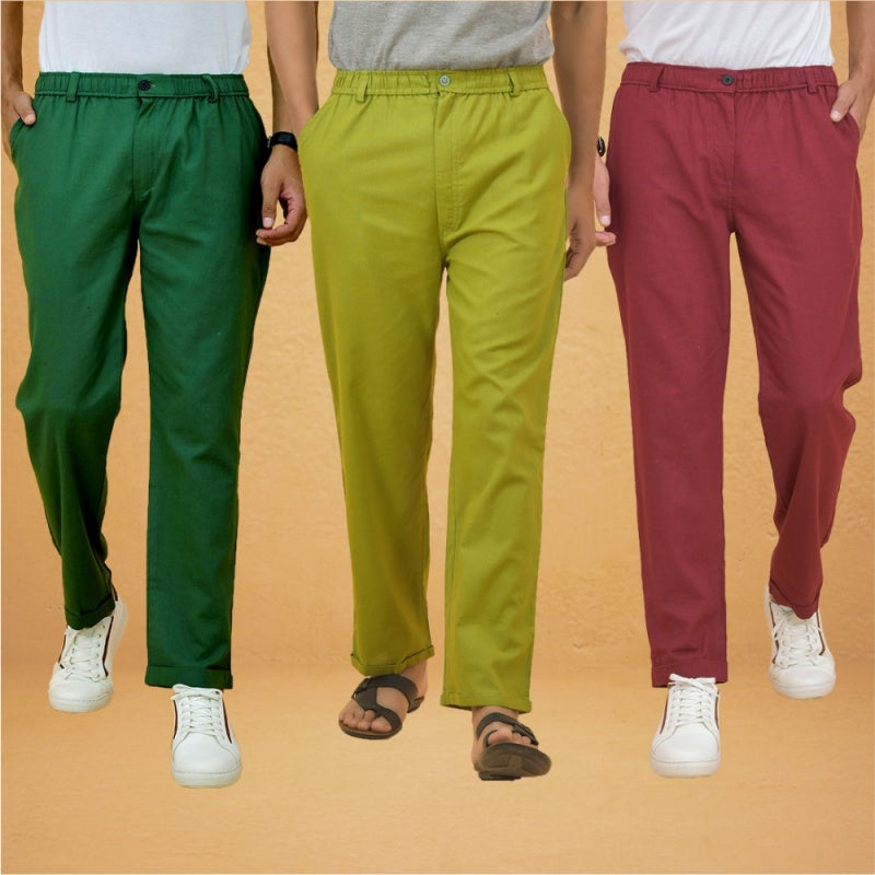Combo of 3 Olive Green Maroon and Bottle Green Cotton Regular Trouser Pants-42423