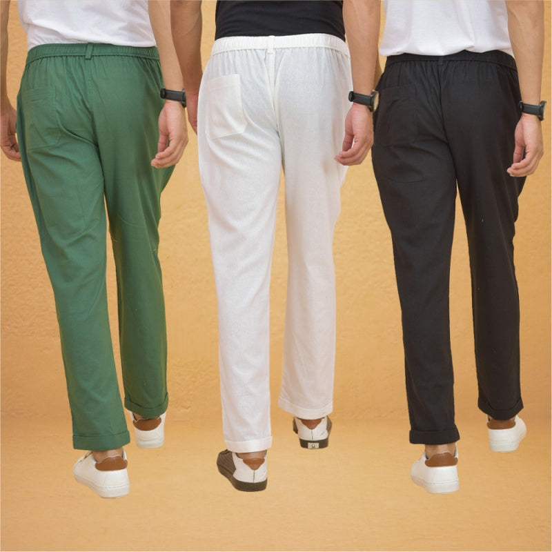Combo of 3 White Black and Bottle Green Cotton Regular Trouser Pants-42391