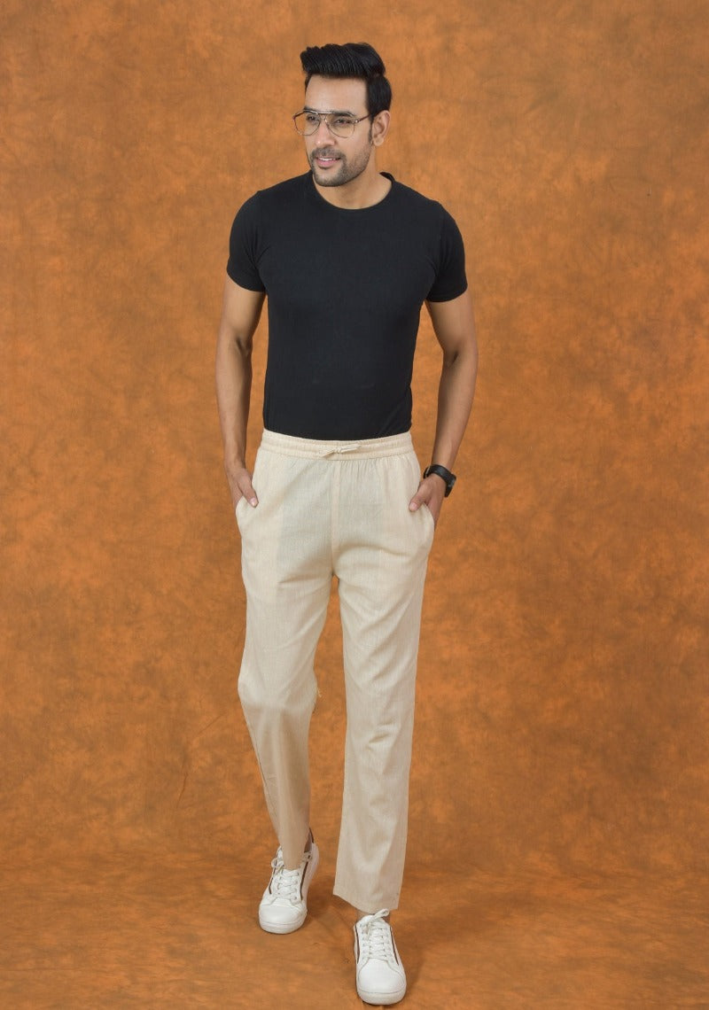 Cream-Solid-Cotton-Handloom-Men-Pant