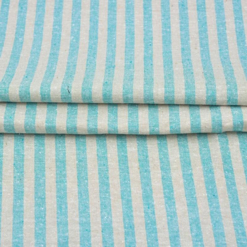 Cyan Beige Stripe Handloom Cotton Fabric