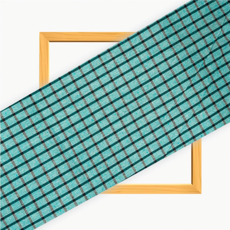 Cyan Black Checks Cotton Handloom Fabric