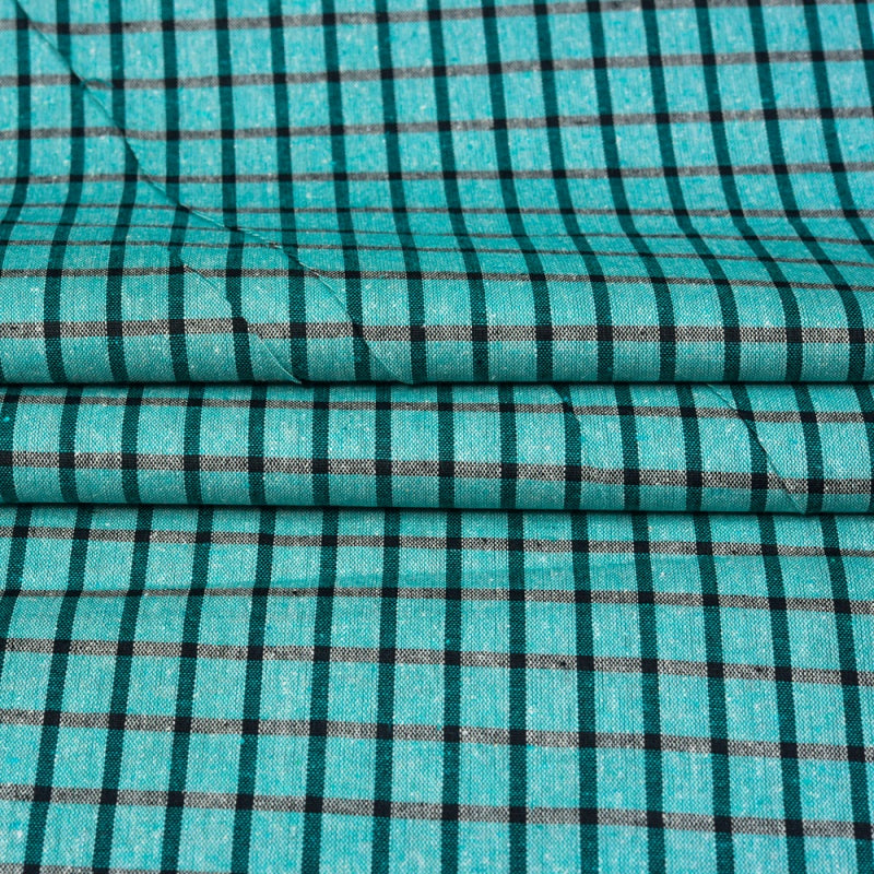 Cyan Black Checks Cotton Handloom Fabric