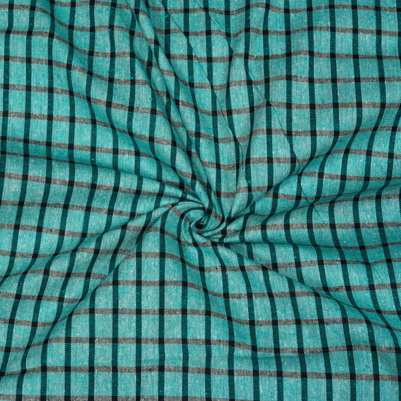 Cyan Black Checks Cotton Handloom Fabric