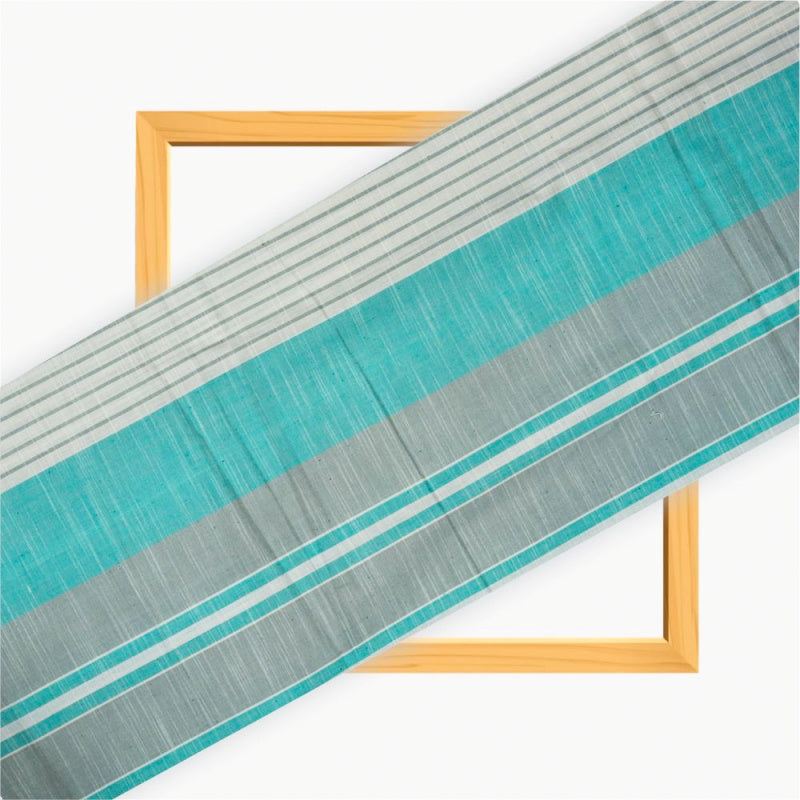 Cyan White and Gray Stripe Cotton Handloom Fabric
