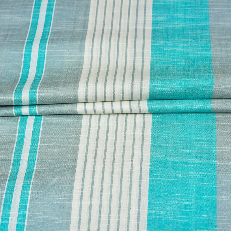 Cyan White and Gray Stripe Cotton Handloom Fabric