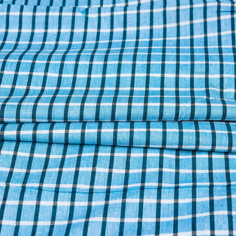 Denim Blue White Checks Cotton Handloom Fabric