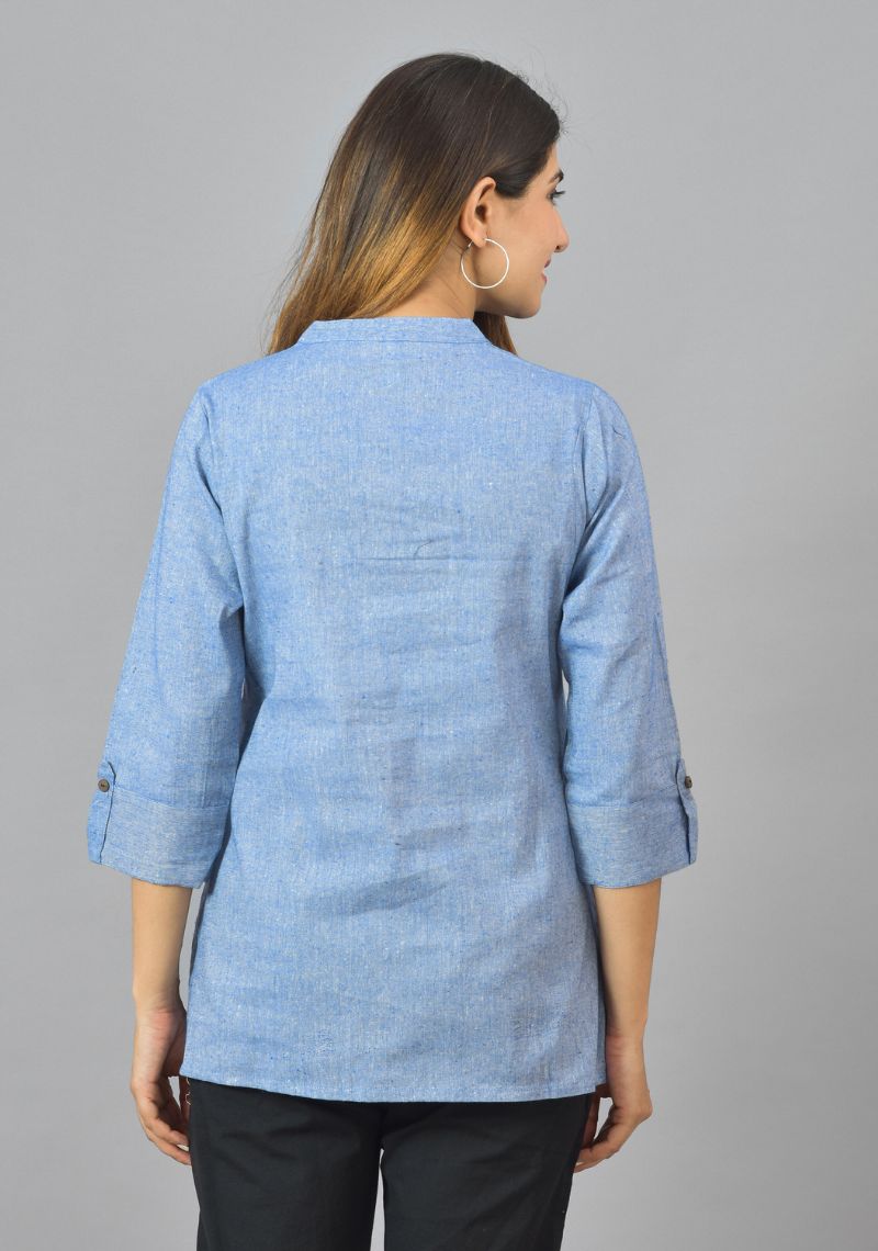 Mandarin Collar Roll-Up Sleeves Cotton Top