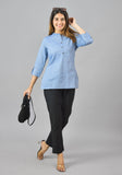 Mandarin Collar Roll-Up Sleeves Cotton Top