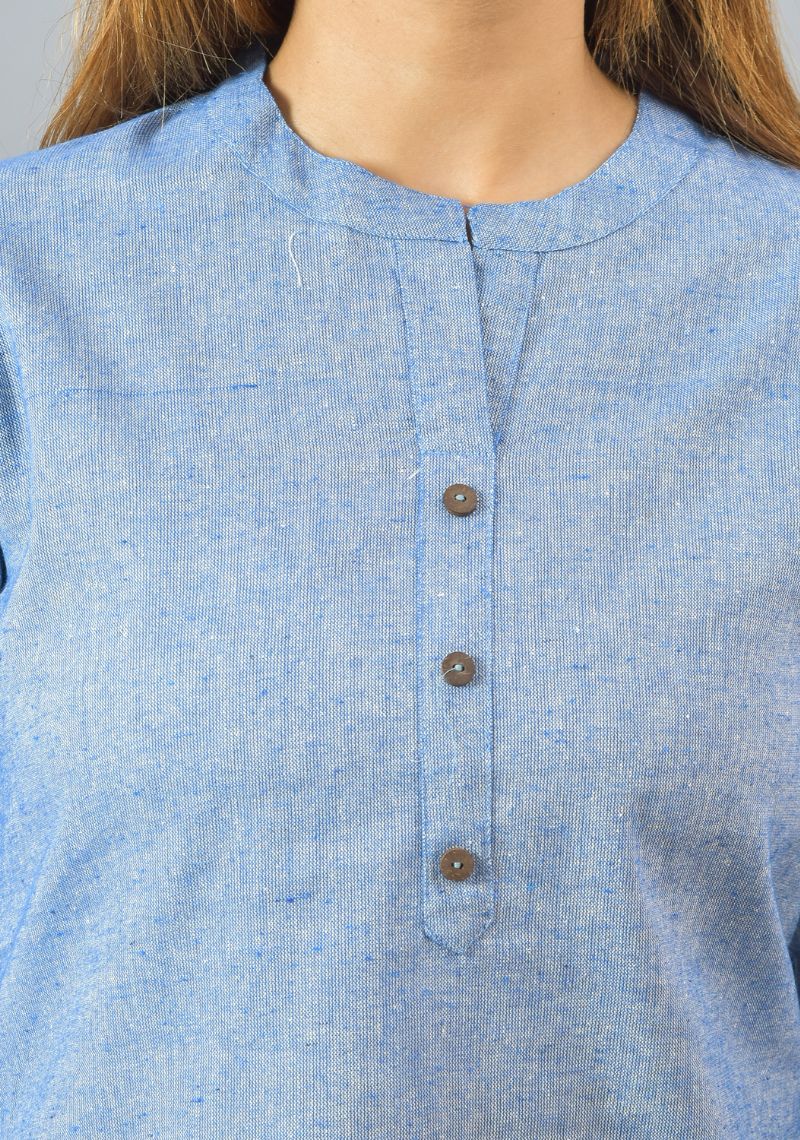 Mandarin Collar Roll-Up Sleeves Cotton Top