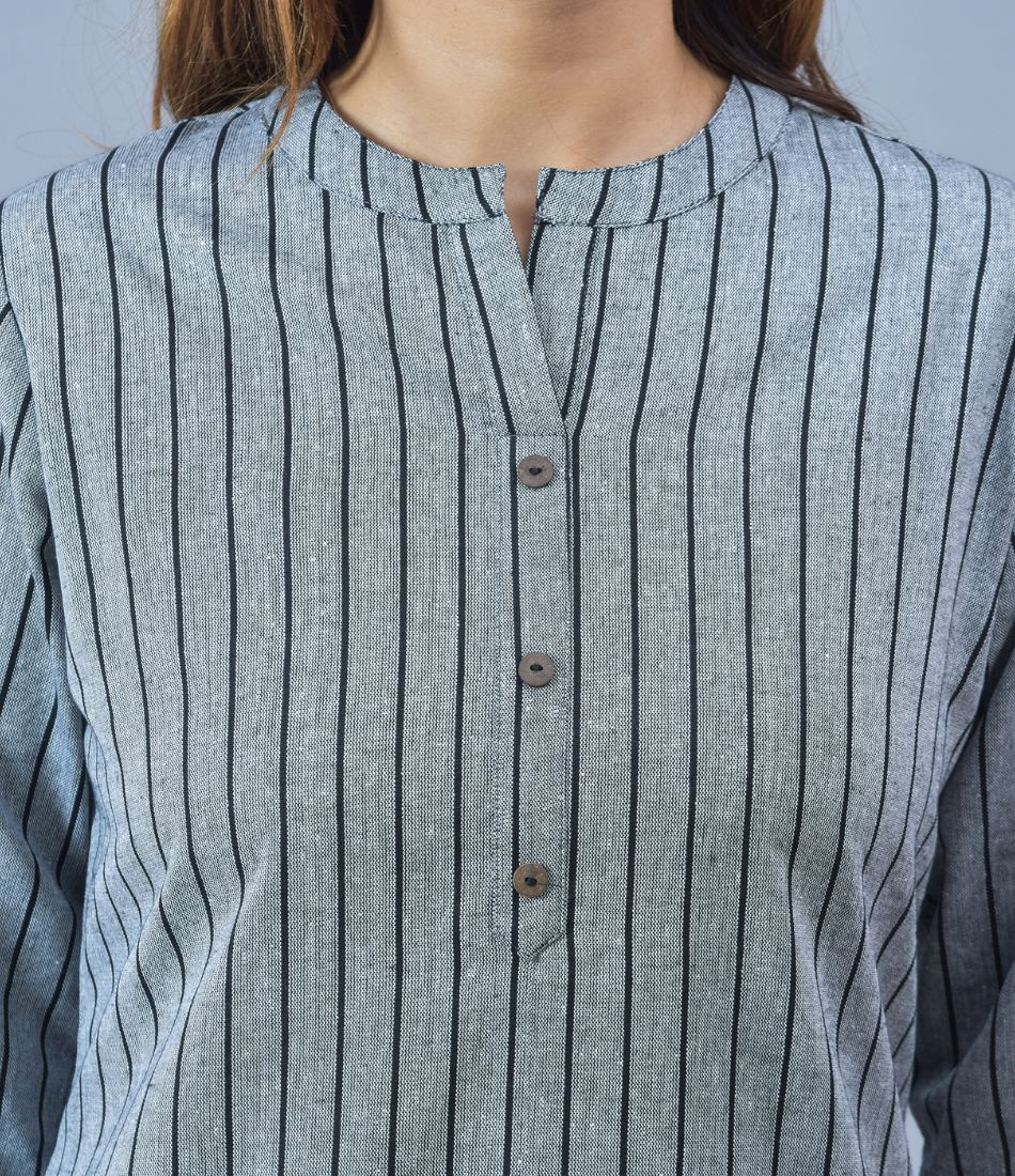 Gray Black Cotton Stripe Women Top-10283