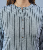 Women Striped Mandarin Collar Cuffed Sleeves Cotton Top