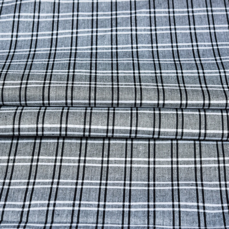 Gray Black Triple Line Checks Cotton Handloom Fabric